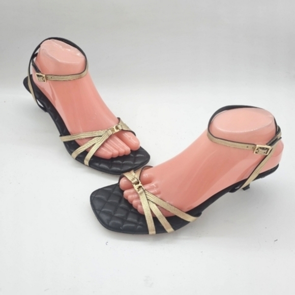 New L'Agence Genette Ankle Strap Kitten Heel Sandal In Gold Lizard Sz 9 - Picture 11 of 12